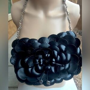 Brighton Black Floral Petal Leather Crossbody with Silver Chain